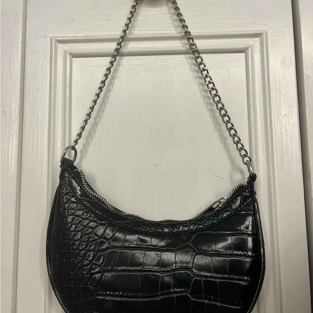 Black Croc-Embossed Chain Shoulder Bag